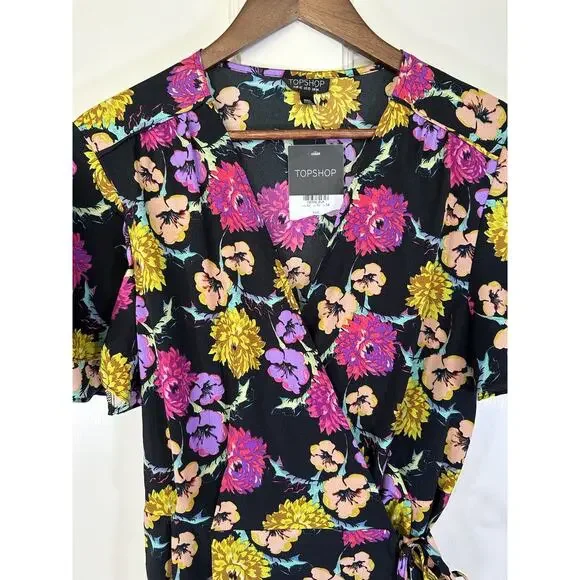 Topshop Floral Wrap Blouse Womens Size 10 Black Yellow Preppy Classic NWT - Picture 4 of 12
